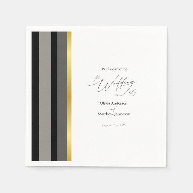Elegant Typography Black White Gold Stripe Wedding Napkins (Front)