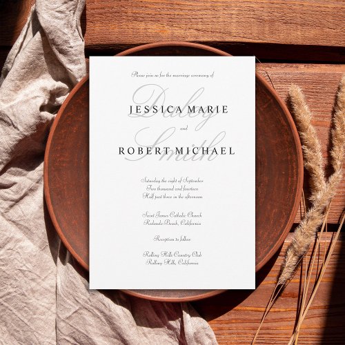 Elegant Typography Black  White Wedding Invitation