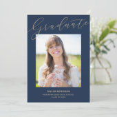 Elegant Typography Blue & Gold Graduation Party Invitation (Standing Front)