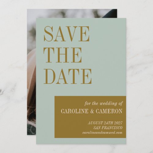 Elegant Typography Blue Gold Photo Wedding Save The Date