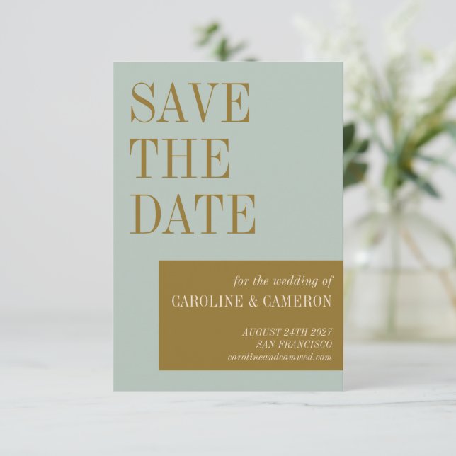 Elegant Typography Blue Olive Gold Wedding  Save The Date (Standing Front)