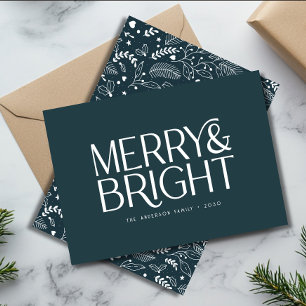 Elegant Typography Botanical Merry and Bright Holiday Card