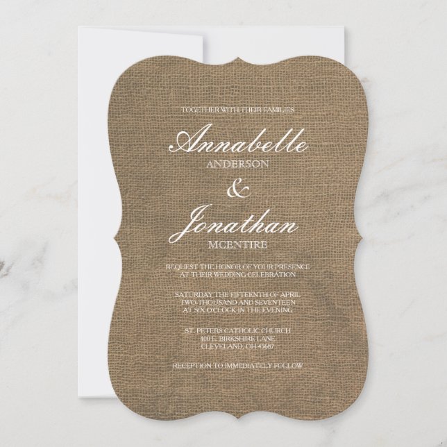 Elegant Typography Burlap Wedding Invitation (Front)