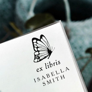 Elegant Typography Butterfly Ex Libris Bookplate Rubber Stamp