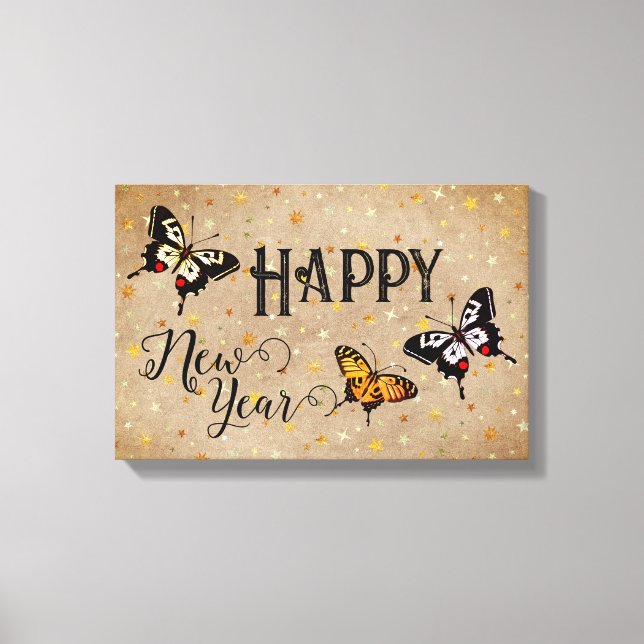 Elegant Typography Butterfly Stars Rustic New Year Canvas Print (Front)