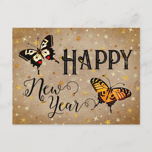 Elegant Typography Butterfly Stars Rustic New Year Holiday Postcard (Front)