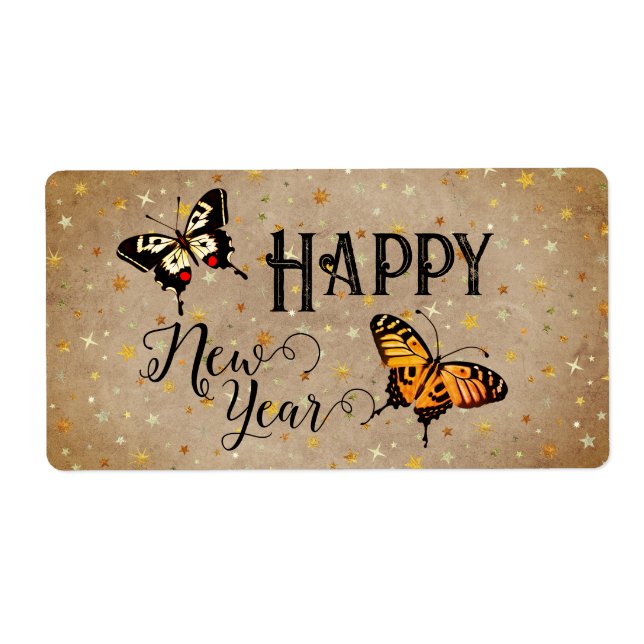 Elegant Typography Butterfly Stars Rustic New Year Label (Front)