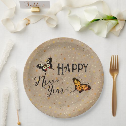 Elegant Typography Butterfly Stars Rustic New Year Paper Plates