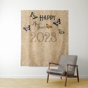Elegant Typography Butterfly Stars Rustic New Year Tapestry
