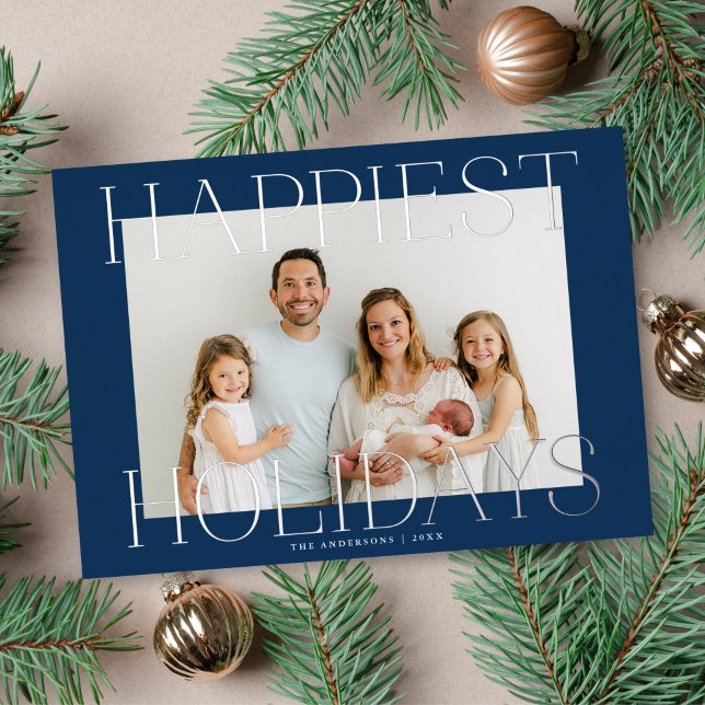 Elegant Typography Christmas Photo Blue + Silver Foil Holiday Card (Creator Uploaded)