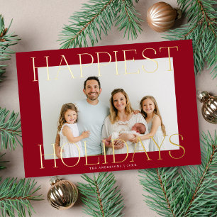 Elegant Typography Christmas Photo Red + Gold Foil Holiday Card