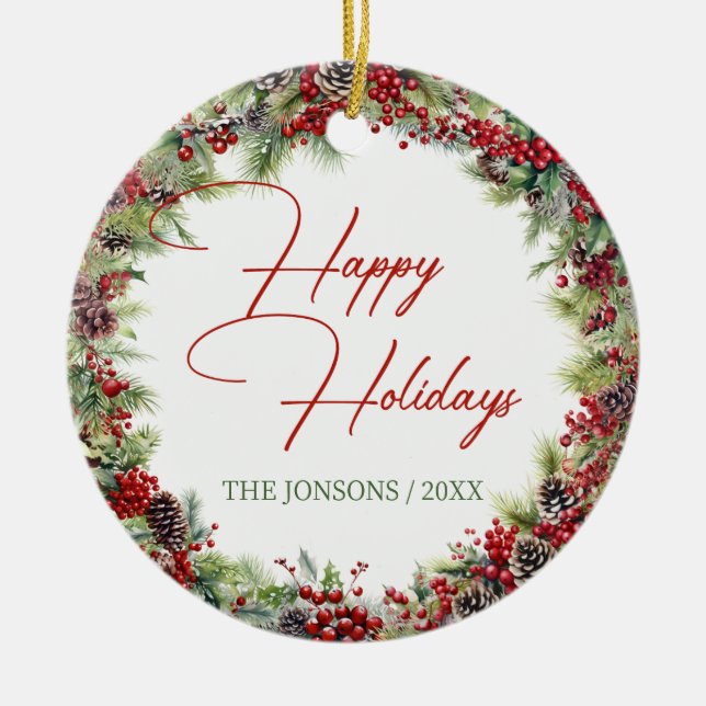 Elegant Typography classic holiday greenery  Ceramic Ornament (Front)