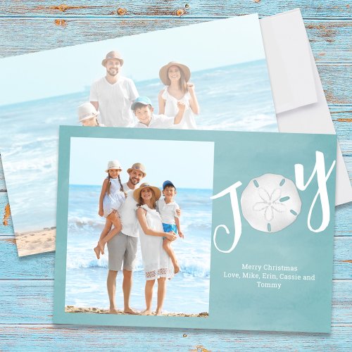 Elegant Typography Custom Joy Turquoise Beach Holiday Card