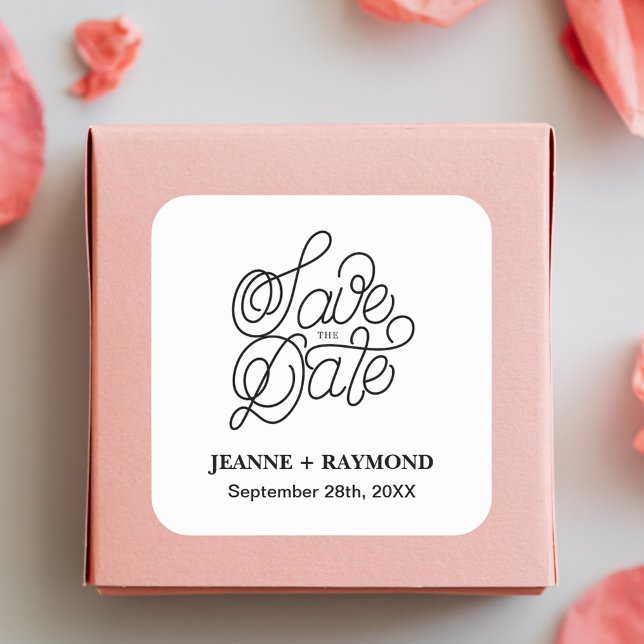 Elegant Typography Custom Wedding Save the Date Square Sticker (Elegant typography save the date sticker adds personalized elegance to wedding mailings)