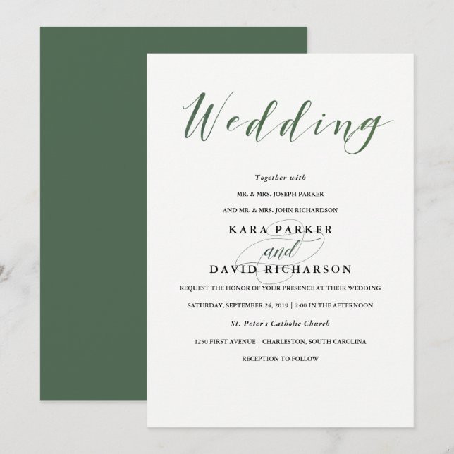 Elegant Typography | Deep Green Wedding Invitation (Front/Back)