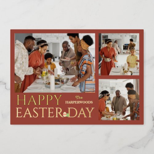 elegant Typography Easter family three photo  Foil Holiday Card