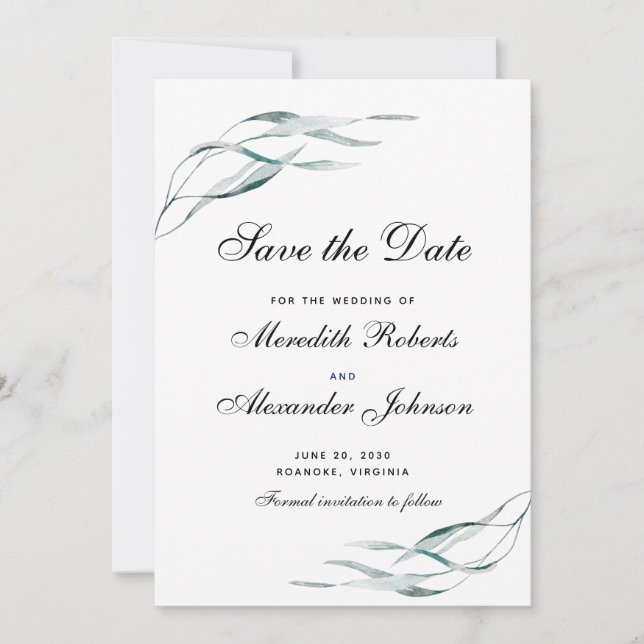 Elegant Typography Eucalyptus Leaves Wedding Save The Date (Front)