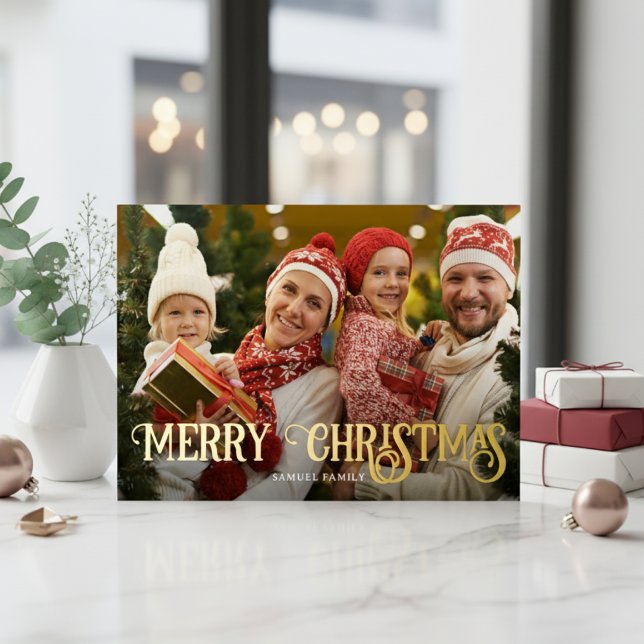 Elegant Typography Family Christmas Photo Foil Holiday Card (Creator Uploaded)