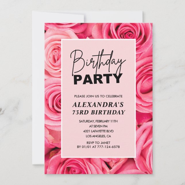 Elegant Typography Floral Pink Roses 73rd birthday Invitation (Front)
