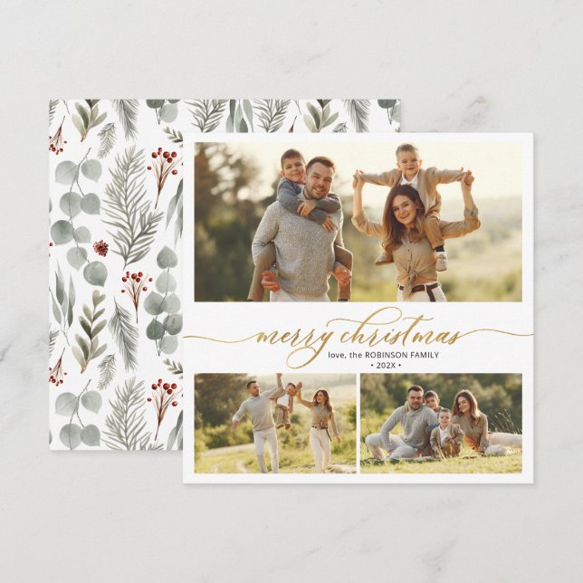 Elegant Typography Foliage 3 Multi Photo Christmas Holiday Card (Front/Back)