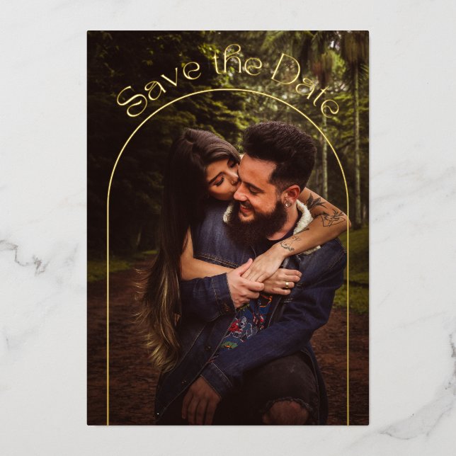 Elegant Typography Gold Arch Photo Save the Date Foil Invitation (Front)