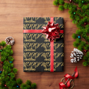 Elegant typography gold black Merry Christmas Wrapping Paper