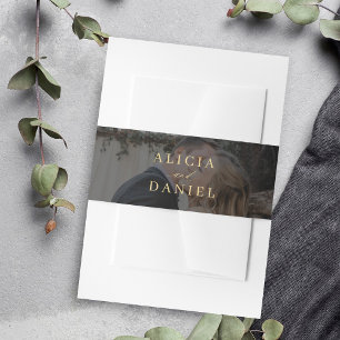 Elegant typography gold black photo wedding invitation belly band