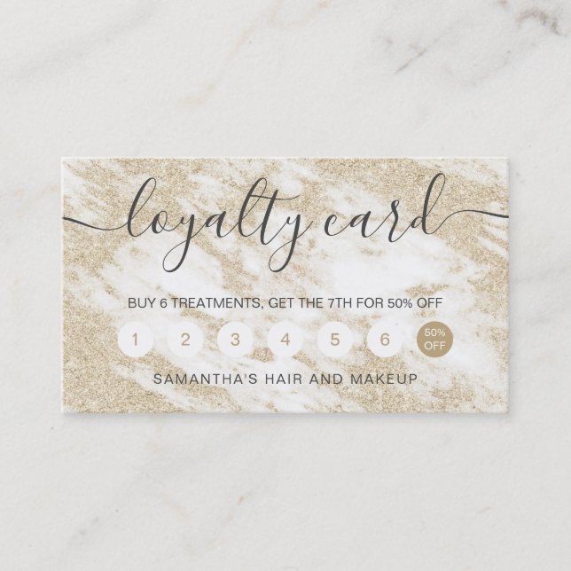 elegant typography gold glitter white marble loyalty card (Front)