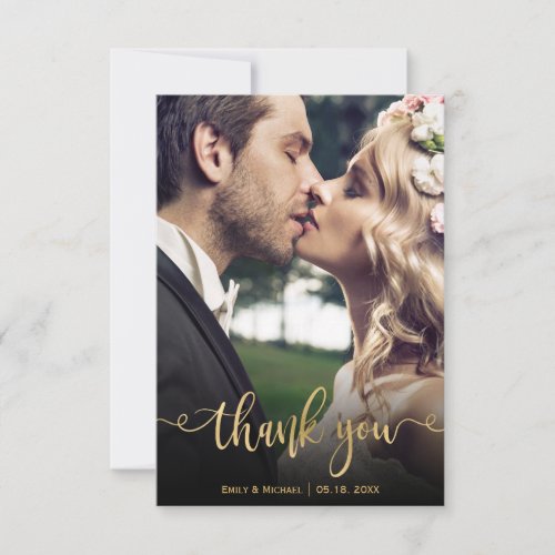 Elegant Typography Gold Script Photo Wedding  Thank You Card