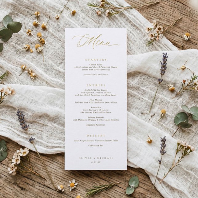 Elegant Typography Gold Script Wedding Dinner Menu (Elegant gold wedding dinner menu with modern script and minimalist old money typography.)