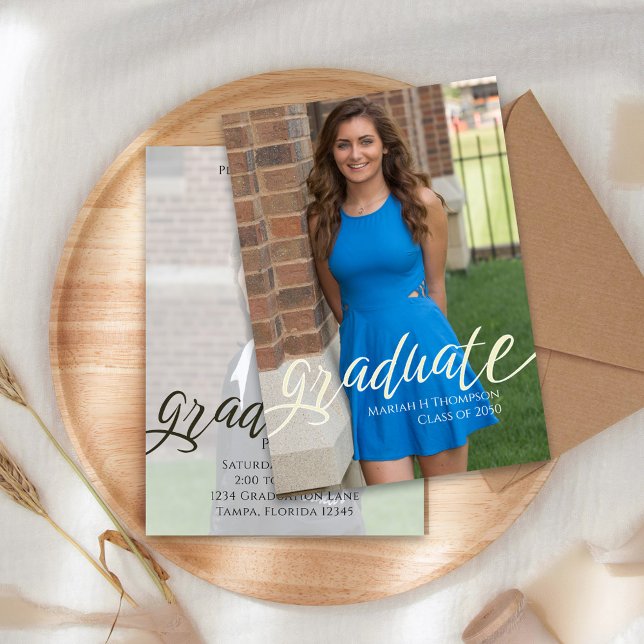 Elegant Typography Graduation Photo Design Invitation (Elegant typography graduation card with refined script and senior photo layout.)
