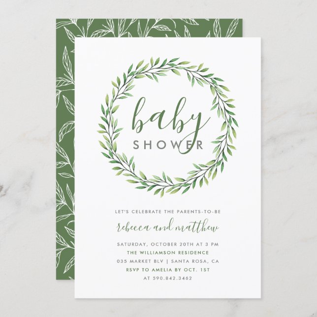 Elegant Typography & Greenery Couple's Baby Shower Invitation (Front/Back)