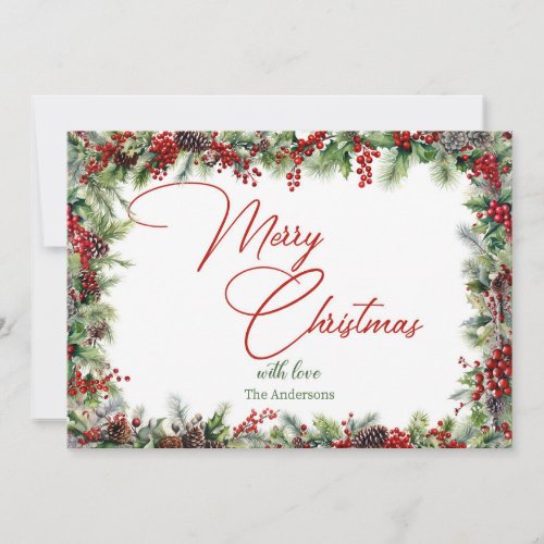 Elegant typography greenery wreath red berries holiday card