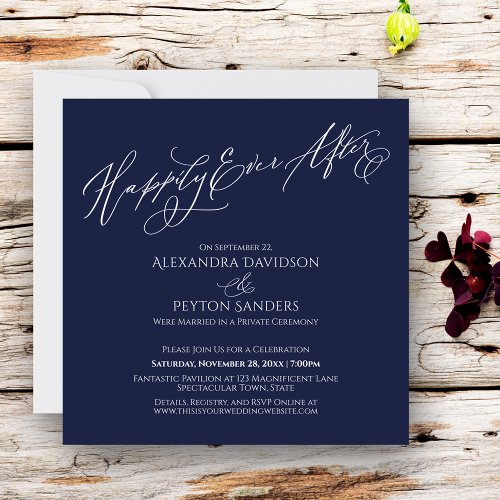 Elegant Typography Happily Ever After Simple Navy Invitation