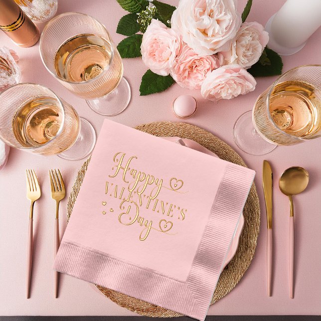 Elegant Typography Happy Valentine's Day Stamped Foil Napkins ("Happy Valentine's Day" Typography and Hearts Design Stamped Foil Napkins)
