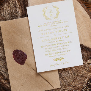 Elegant Typography Laurel Wreath Monogram Wedding Foil Invitation