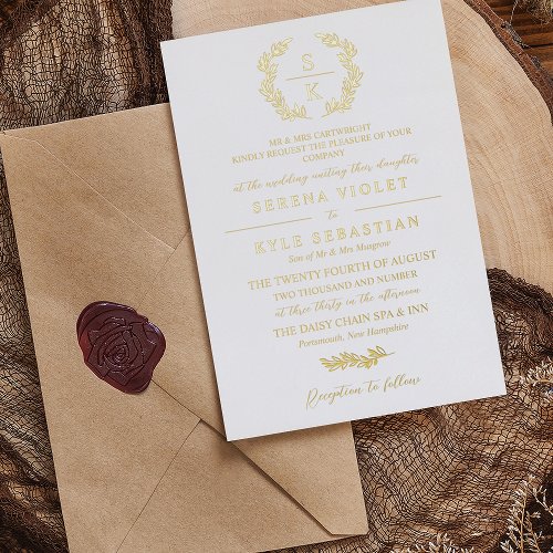 Elegant Typography Laurel Wreath Monogram Wedding  Foil Invitation