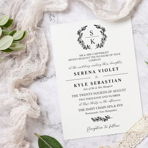 Elegant Typography Laurel Wreath Monogram Wedding  Invitation