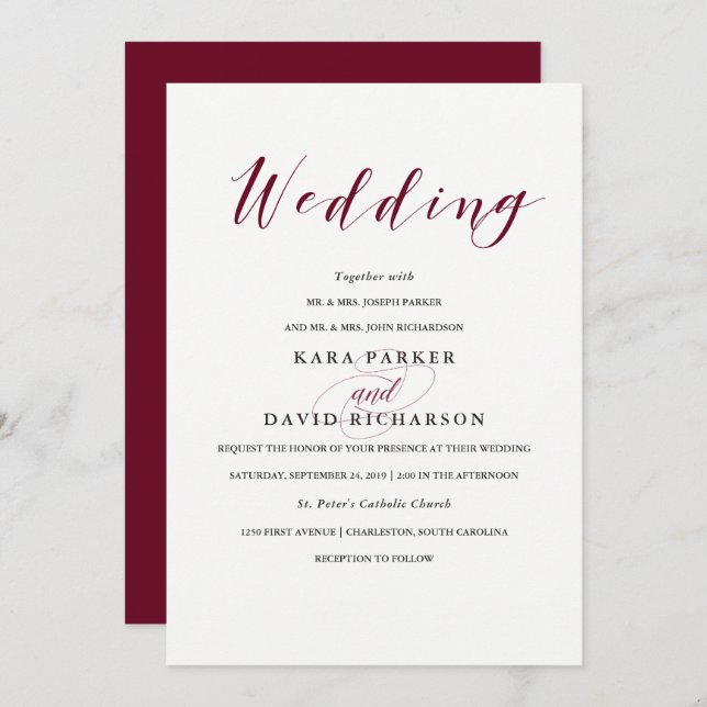 Elegant Typography | Marsala Wedding Invitation (Front/Back)