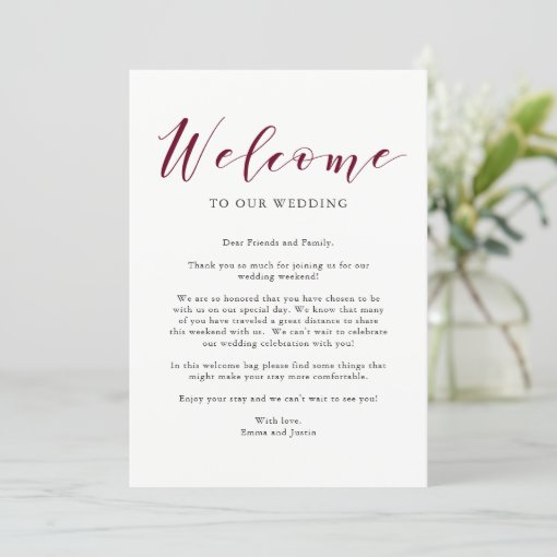 Elegant Typography Marsala Wedding Welcome Letter Invitation | Zazzle