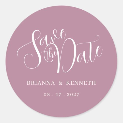 Elegant Typography Mauve Wedding Save the Date Classic Round Sticker