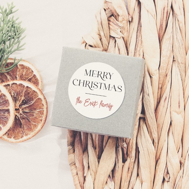 Elegant Typography Merry Christmas & Family Name Classic Round Sticker (Creator Uploaded)