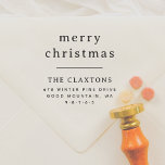 Elegant Typography Merry Christmas Return Address Rubber Stamp<br><div class="desc">This wooden stamp design features "merry christmas" or a custom greeting written over two lines in classic lowercase serif typography. Below, your family name is printed in capitals. Your return address or contact details appear underneath in a simple typography layout. Made to match our Our Year Minimalist 12 Photo Collage...</div>