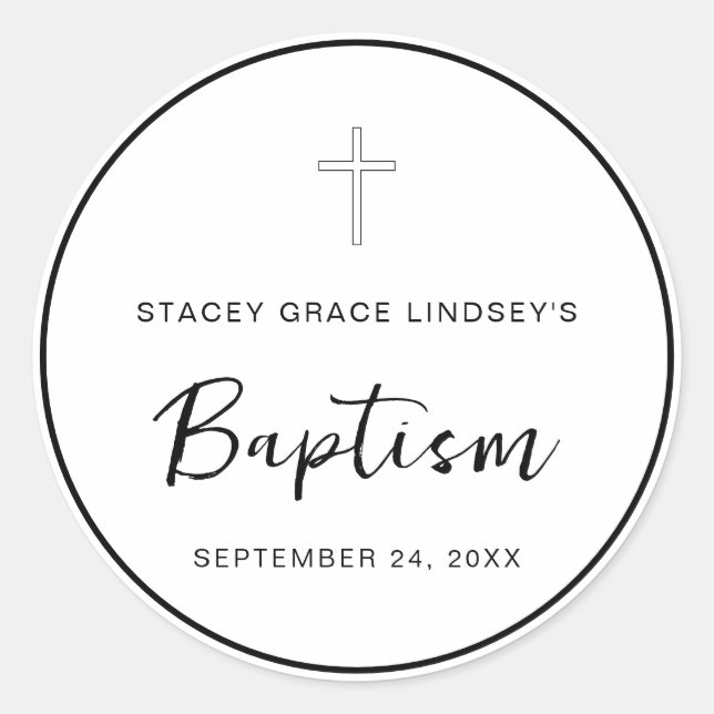Elegant Typography  Minimal Cross Baptism Classic Round Sticker (Front)