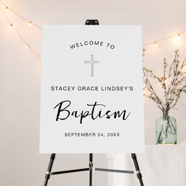 Elegant Typography  Minimal Cross Baptism Welcome Foam Board (In Situ (Stand))