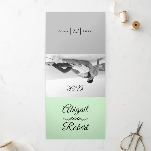 Elegant typography mint green gray photo wedding Tri-Fold invitation (Outside)