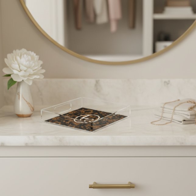 Elegant Typography Monogram Tortoise Shell  Acrylic Tray (Add a touch of chic charm to your home with this Elegant Typography Monogram Tortoise Shell Tray!)