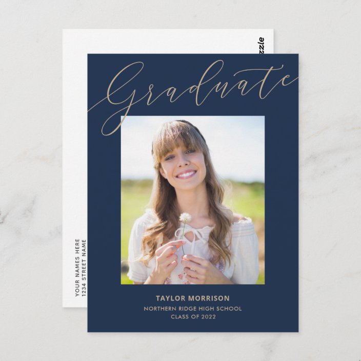 Elegant Typography Navy Blue & Gold Graduation Postcard | Zazzle.com