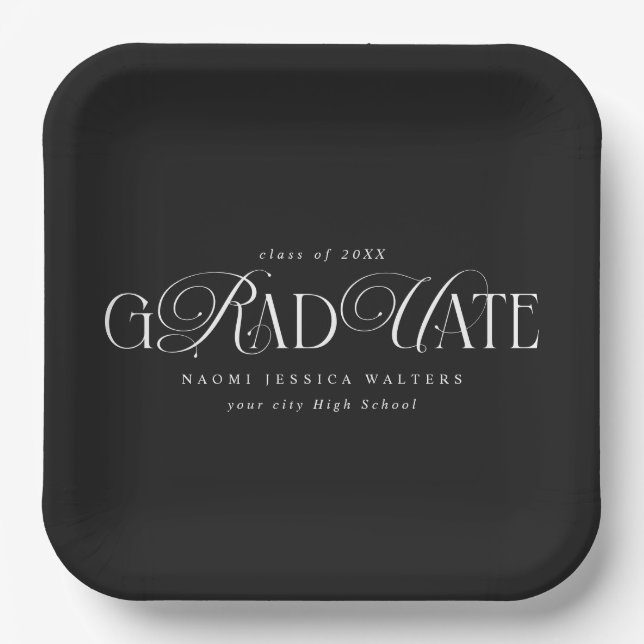 Elegant Typography Old Money Graduation Black Paper Plates (Front)