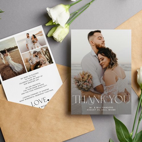 Elegant typography overlay photo collage wedding thank you card